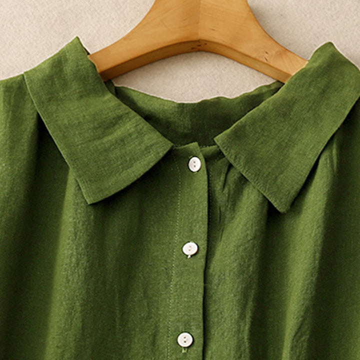 Abito midi estivo senza maniche in cotone con lacci e bottoni sul davanti, design a revers e motivo Buddha Stones. - image 9