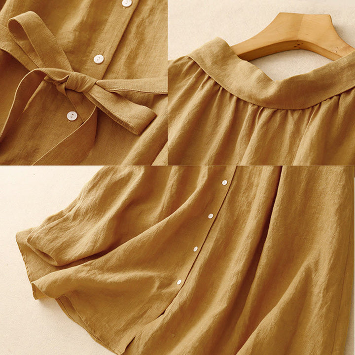 Abito midi estivo senza maniche in cotone con lacci e bottoni sul davanti, design a revers e motivo Buddha Stones. - image 7