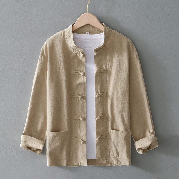 Giacca da uomo in lino e cotone con tasche, stile cinese Tang, con bottoni a rana Buddha Stones - Beige - US/UK/AU50, EU60 (5XL) - image 23