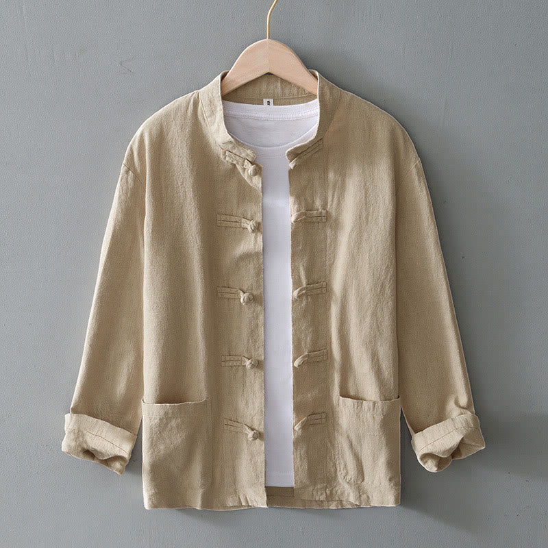 Giacca da uomo in lino e cotone con tasche, stile cinese Tang, con bottoni a rana Buddha Stones - Beige - US/UK/AU50, EU60 (5XL) - image 24
