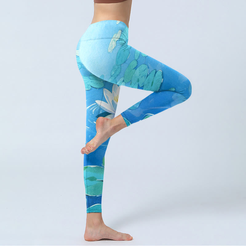 Leggings da palestra con stampa di Buddha Stones, fiori di loto bianchi e foglie di loto verdi, pantaloni da yoga da donna - image 4