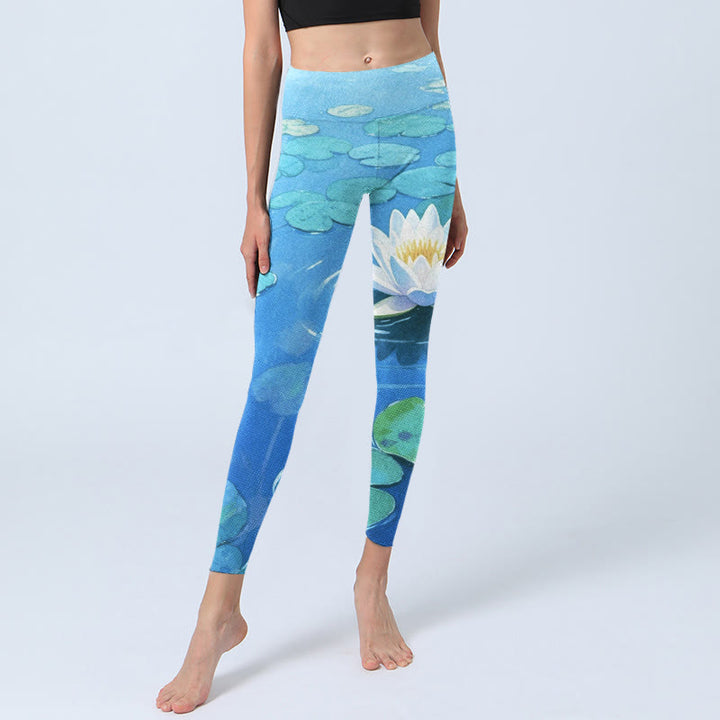 Leggings da palestra con stampa di Buddha Stones, fiori di loto bianchi e foglie di loto verdi, pantaloni da yoga da donna - image 6