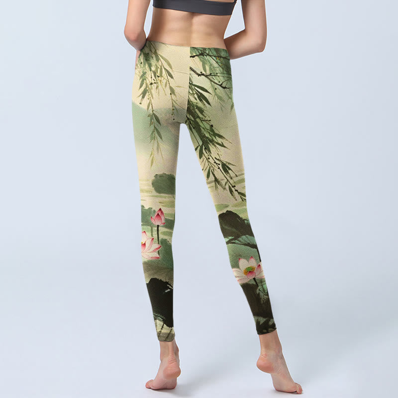 Leggings da palestra con stampa di Buddha Stones, fiori di loto rosa, foglie di loto, rami di salice, pantaloni da yoga da donna - image 6
