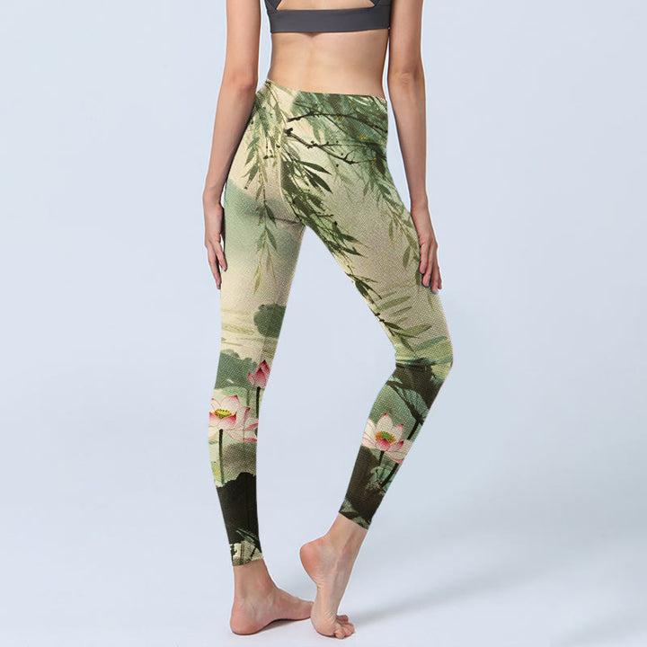 Leggings da palestra con stampa di Buddha Stones, fiori di loto rosa, foglie di loto, rami di salice, pantaloni da yoga da donna - image 4