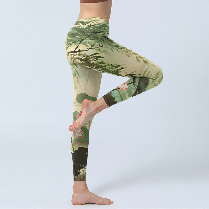 Leggings da palestra con stampa di Buddha Stones, fiori di loto rosa, foglie di loto, rami di salice, pantaloni da yoga da donna - image 5