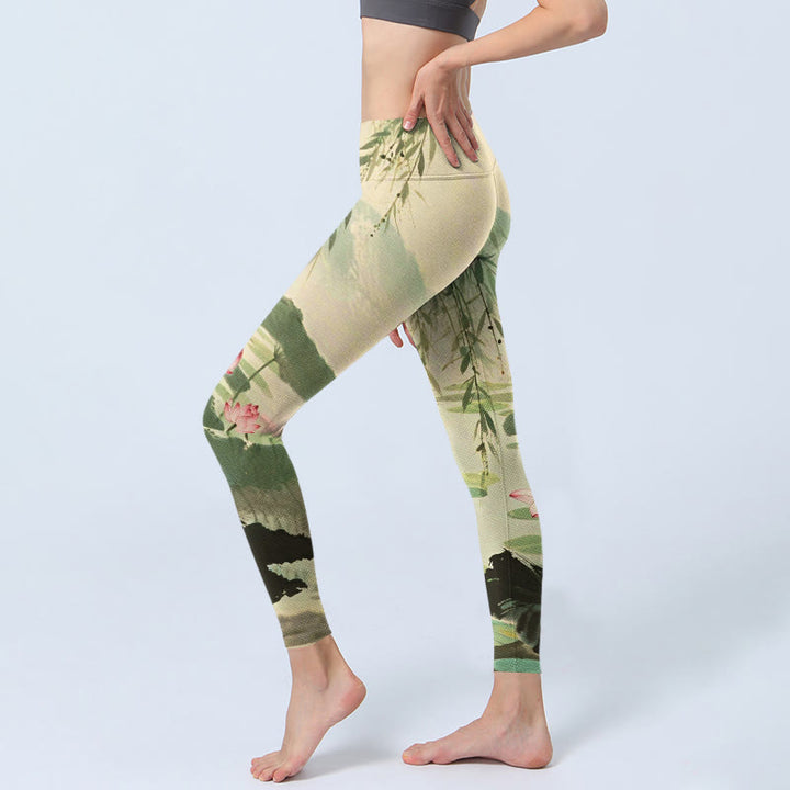 Leggings da palestra con stampa di Buddha Stones, fiori di loto rosa, foglie di loto, rami di salice, pantaloni da yoga da donna - image 3