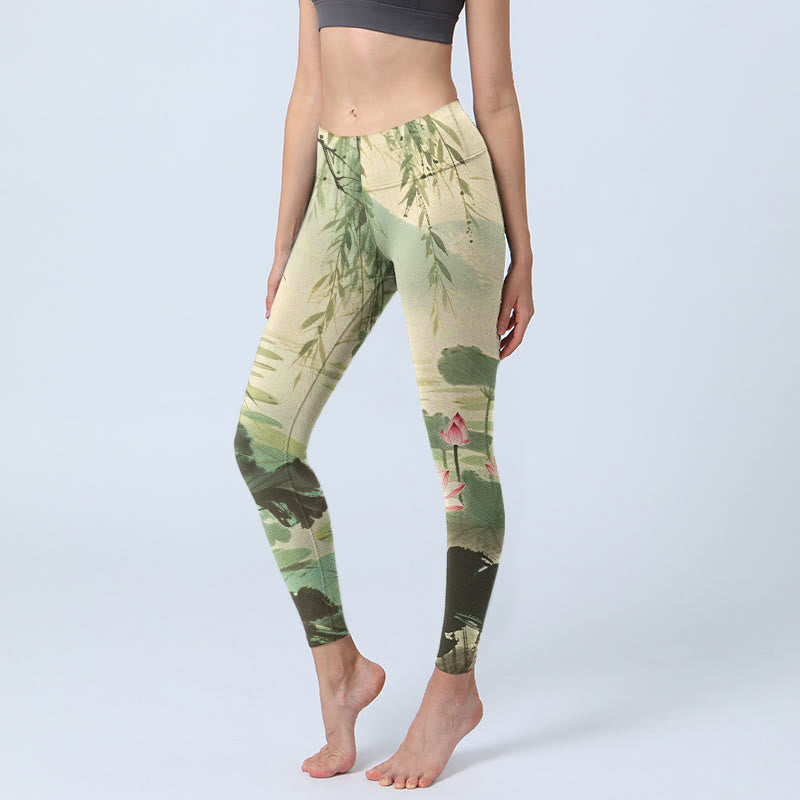 Leggings da palestra con stampa di Buddha Stones, fiori di loto rosa, foglie di loto, rami di salice, pantaloni da yoga da donna - SeaGreen - US18, UK/AU22, EU50 (4XL) - image 0
