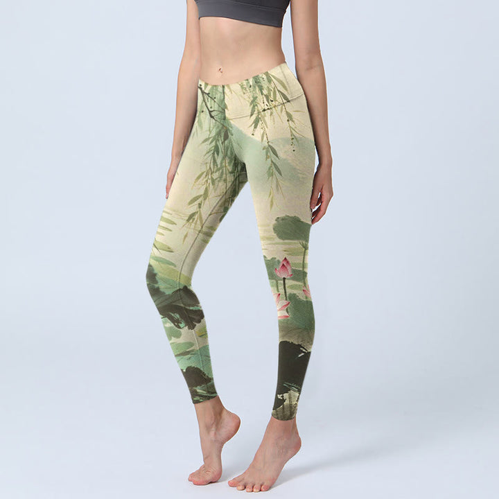 Leggings da palestra con stampa di Buddha Stones, fiori di loto rosa, foglie di loto, rami di salice, pantaloni da yoga da donna - SeaGreen - US18, UK/AU22, EU50 (4XL) - image 0