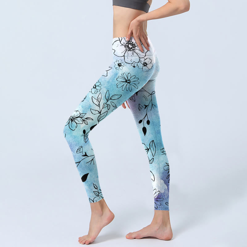 Leggings da palestra con stampa a Buddha Stones e fiori disegnati a linee nere, da donna, pantaloni da yoga - image 3