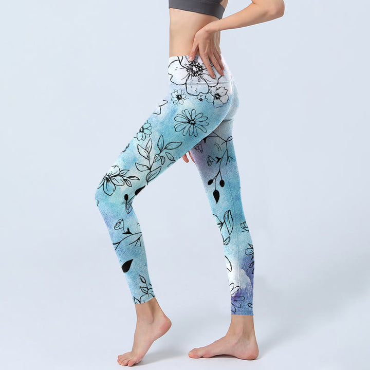 Leggings da palestra con stampa a Buddha Stones e fiori disegnati a linee nere, da donna, pantaloni da yoga - image 3