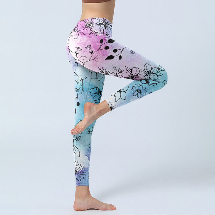 Leggings da palestra con stampa a Buddha Stones e fiori disegnati a linee nere, da donna, pantaloni da yoga - image 5