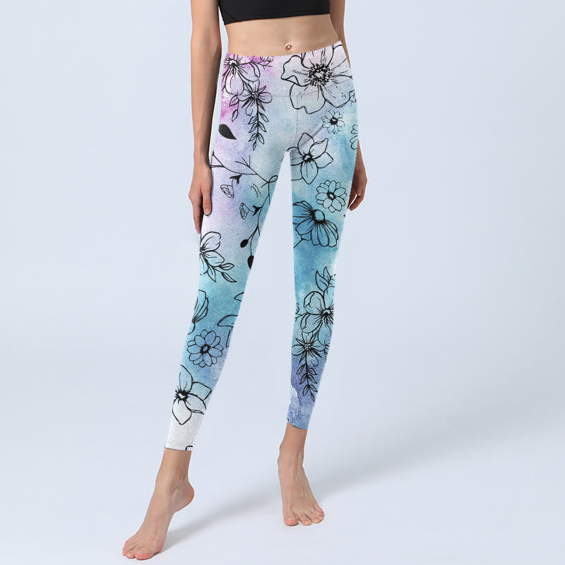 Leggings da palestra con stampa a Buddha Stones e fiori disegnati a linee nere, da donna, pantaloni da yoga - image 6