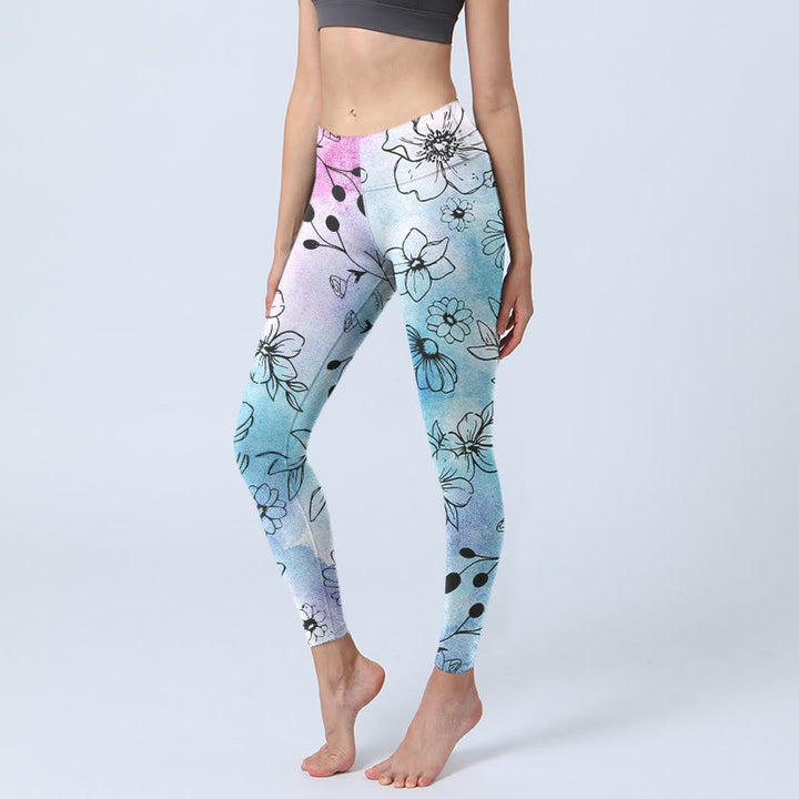Leggings da palestra con stampa a Buddha Stones e fiori disegnati a linee nere, da donna, pantaloni da yoga - AzzurroCielo Chiaro - US18, UK/AU22, EU50 (4XL) - image 1