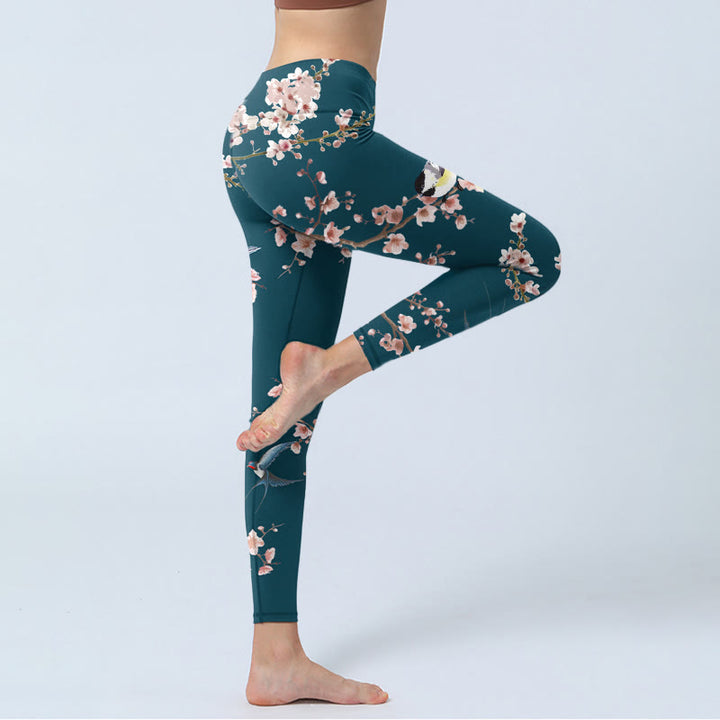 Leggings da palestra con stampa Buddha Stones, modello Passero, Rondine e Fiori di Pesco, pantaloni da yoga da donna - image 4