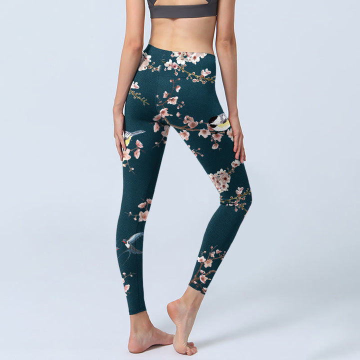 Leggings da palestra con stampa Buddha Stones, modello Passero, Rondine e Fiori di Pesco, pantaloni da yoga da donna - image 4