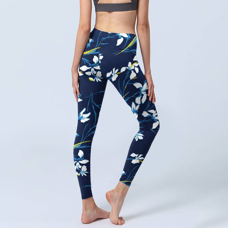 Leggings da palestra con stampa a motivo di foglie e fiori bianchi Buddha Stones, pantaloni da yoga da donna - image 4