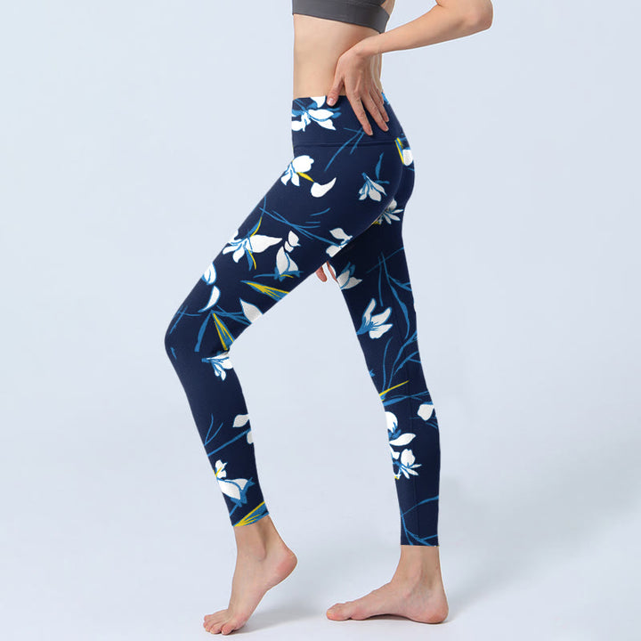 Leggings da palestra con stampa a motivo di foglie e fiori bianchi Buddha Stones, pantaloni da yoga da donna - image 3