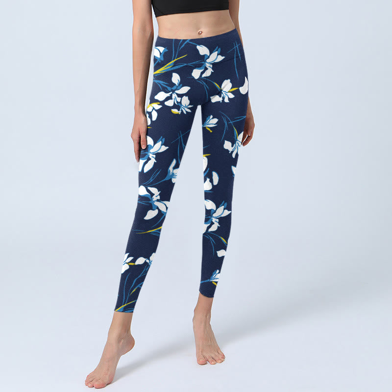 Leggings da palestra con stampa a motivo di foglie e fiori bianchi Buddha Stones, pantaloni da yoga da donna - image 6