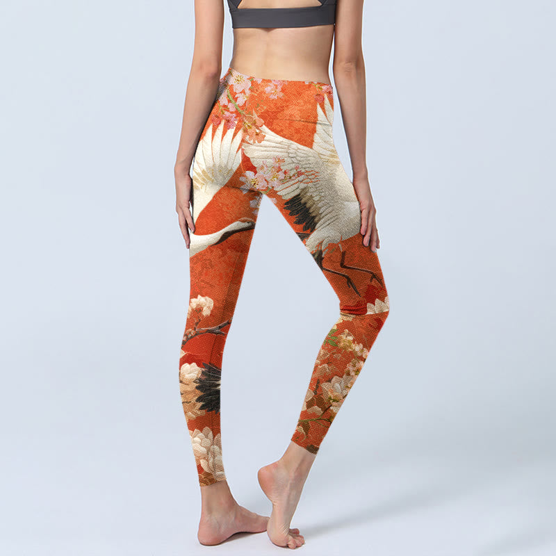 Leggings da palestra con stampa di Buddha Stones , modello di gru coronata rossa, fiori di ciliegio e fiori di loto, pantaloni da yoga da donna - image 6