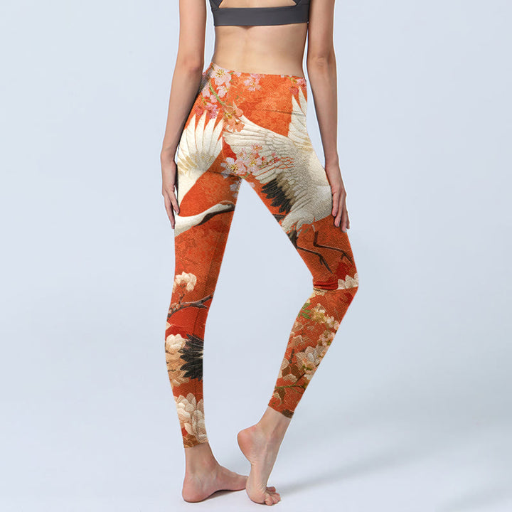 Leggings da palestra con stampa di Buddha Stones , modello di gru coronata rossa, fiori di ciliegio e fiori di loto, pantaloni da yoga da donna - image 6