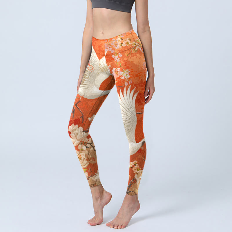 Leggings da palestra con stampa di Buddha Stones , modello di gru coronata rossa, fiori di ciliegio e fiori di loto, pantaloni da yoga da donna - Arancione Rosso - US18, UK/AU22, EU50 (4XL) - image 1