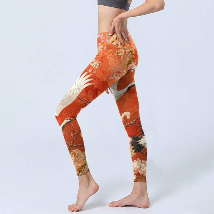 Leggings da palestra con stampa di Buddha Stones , modello di gru coronata rossa, fiori di ciliegio e fiori di loto, pantaloni da yoga da donna - image 3