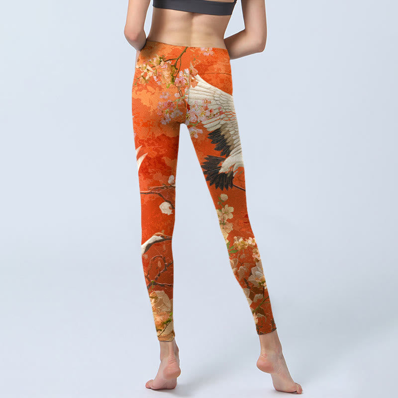 Leggings da palestra con stampa di Buddha Stones , modello di gru coronata rossa, fiori di ciliegio e fiori di loto, pantaloni da yoga da donna - image 3