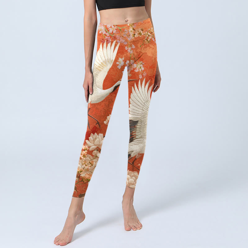 Leggings da palestra con stampa di Buddha Stones , modello di gru coronata rossa, fiori di ciliegio e fiori di loto, pantaloni da yoga da donna - image 5