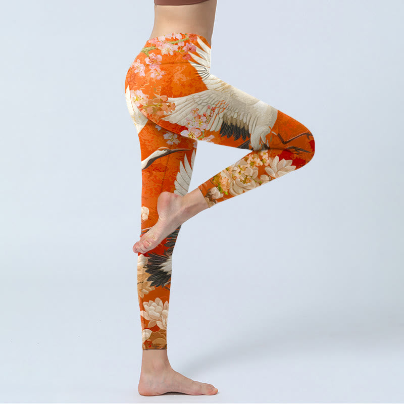Leggings da palestra con stampa di Buddha Stones , modello di gru coronata rossa, fiori di ciliegio e fiori di loto, pantaloni da yoga da donna - image 5
