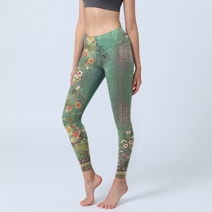 Leggings da palestra con stampa Buddha Stones, motivo floreale vintage, ghirlanda di pizzo damascato, pantaloni da yoga da donna - Verde medio del mare - US18, UK/AU22, EU50 (4XL) - image 0