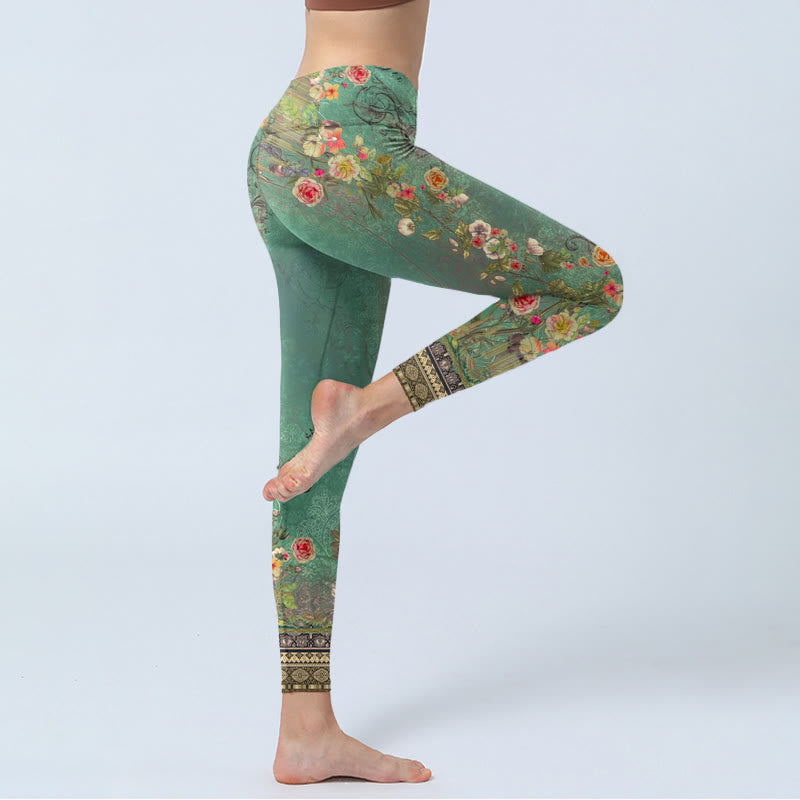 Leggings da palestra con stampa Buddha Stones, motivo floreale vintage, ghirlanda di pizzo damascato, pantaloni da yoga da donna - image 4