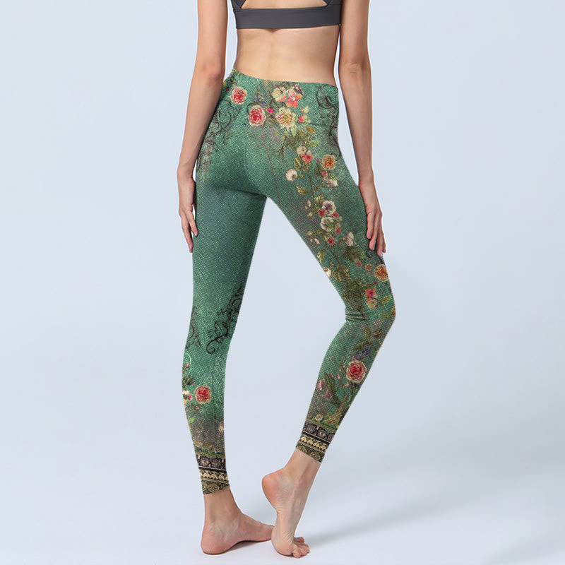 Leggings da palestra con stampa Buddha Stones, motivo floreale vintage, ghirlanda di pizzo damascato, pantaloni da yoga da donna - image 3