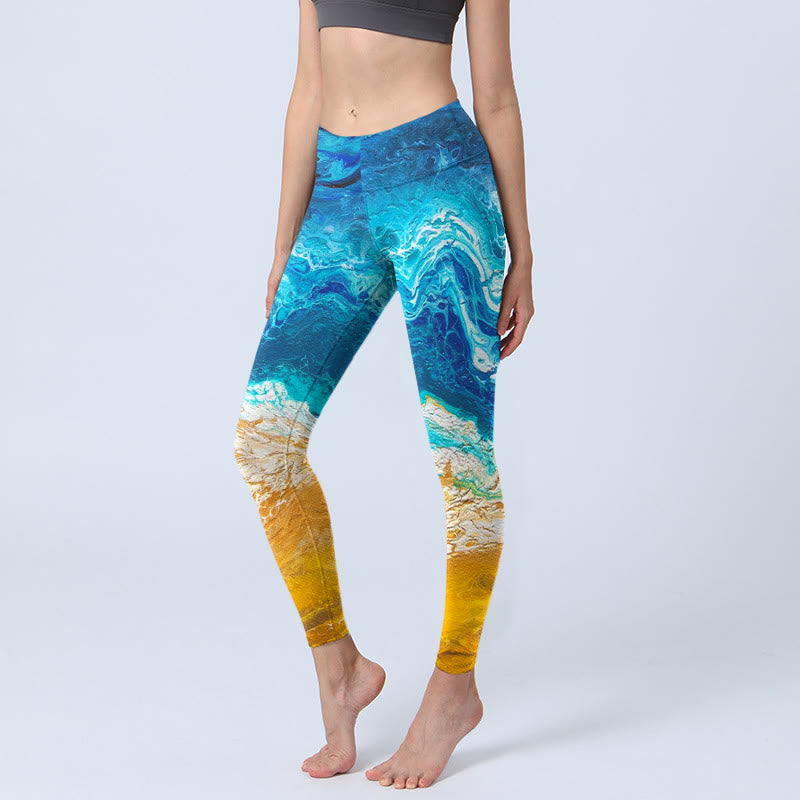 Leggings da palestra con stampa Buddha Stones Ocean Wave Golden Shore, pantaloni da yoga da donna - Blu medio - US18, UK/AU22, EU50 (4XL) - image 0