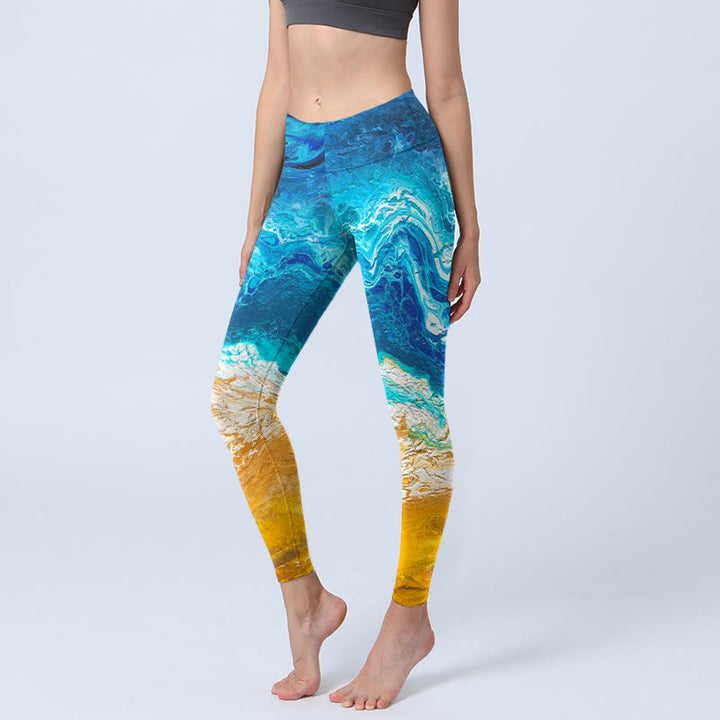 Leggings da palestra con stampa Buddha Stones Ocean Wave Golden Shore, pantaloni da yoga da donna - Blu medio - US18, UK/AU22, EU50 (4XL) - image 1