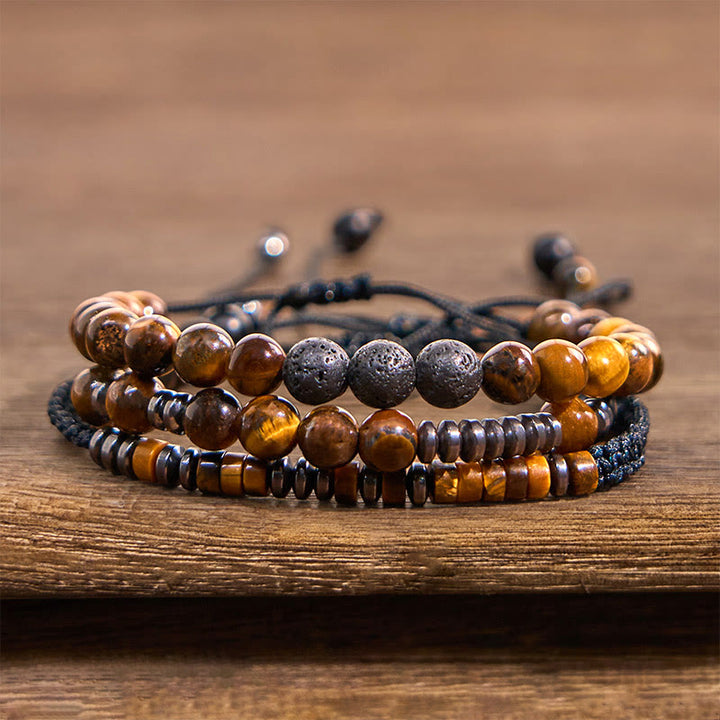Set di 3 bracciali protettivi in pietra lavica con occhio di tigre Buddha Stones