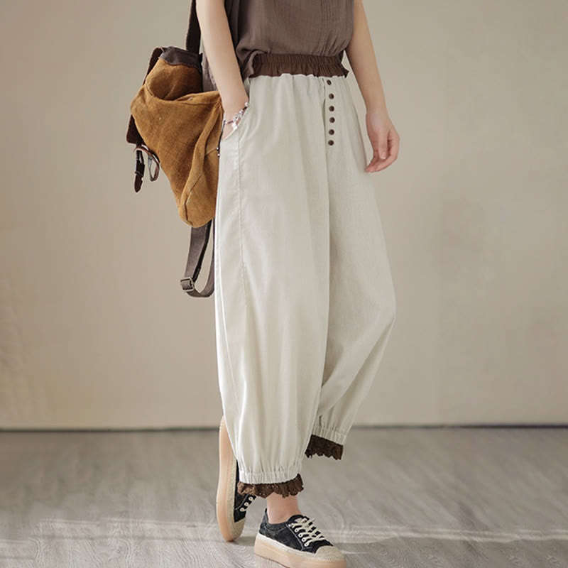 Pantaloni harem da donna in cotone e lino con elastico in vita, con tasche, modello patchwork, casual e primaverili, tinta unita, Buddha Stones