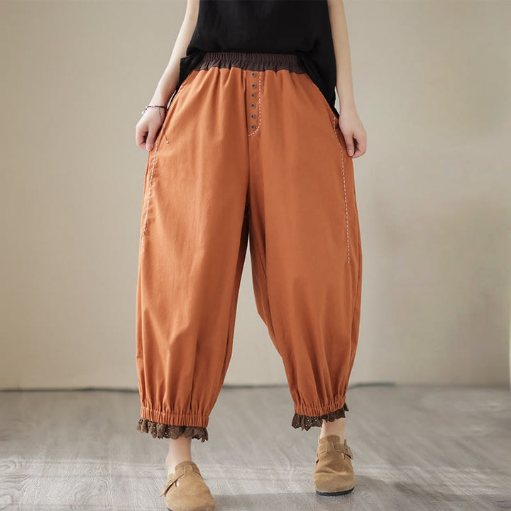 Pantaloni harem da donna in cotone e lino con elastico in vita, con tasche, modello patchwork, casual e primaverili, tinta unita, Buddha Stones