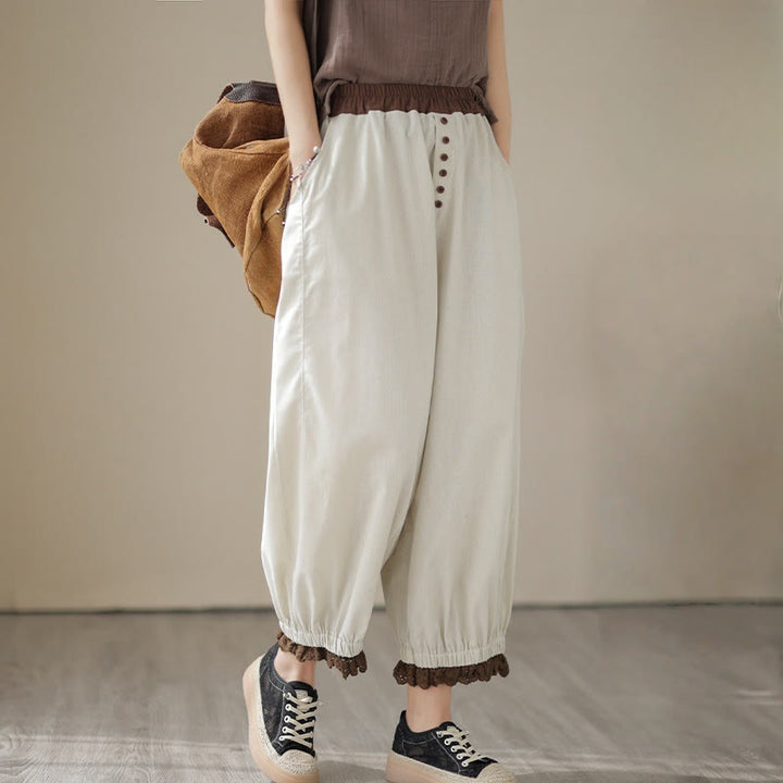 Pantaloni harem da donna in cotone e lino con elastico in vita, con tasche, modello patchwork, casual e primaverili, tinta unita, Buddha Stones
