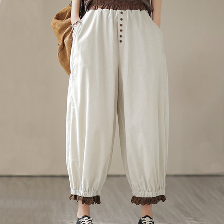 Pantaloni harem da donna in cotone e lino con elastico in vita, con tasche, modello patchwork, casual e primaverili, tinta unita, Buddha Stones
