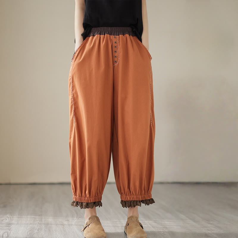Pantaloni harem da donna in cotone e lino con elastico in vita, con tasche, modello patchwork, casual e primaverili, tinta unita, Buddha Stones