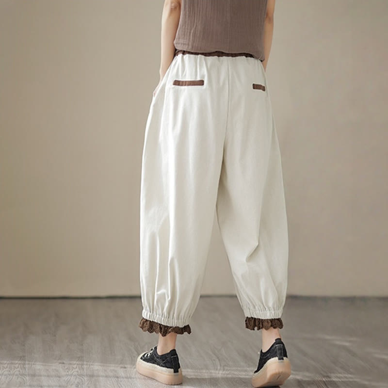 Pantaloni harem da donna in cotone e lino con elastico in vita, con tasche, modello patchwork, casual e primaverili, tinta unita, Buddha Stones