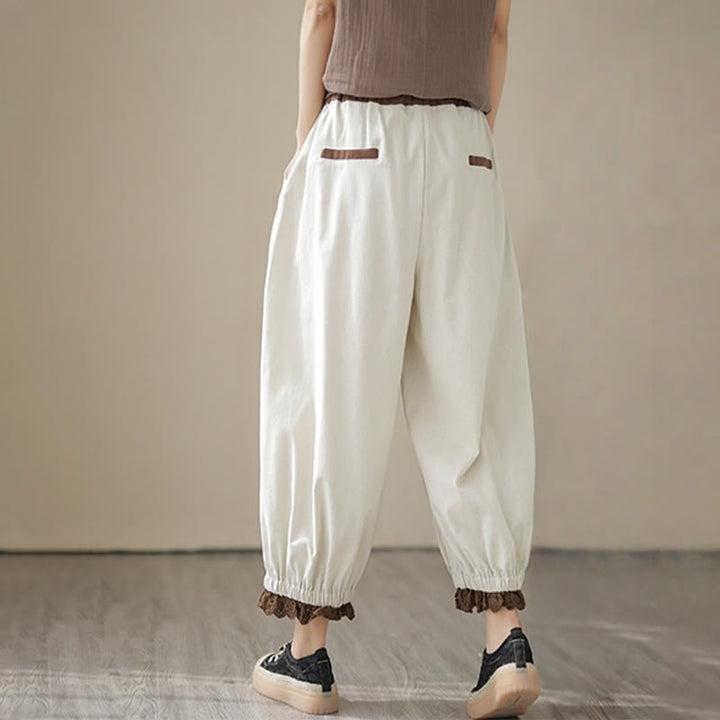 Pantaloni harem da donna in cotone e lino con elastico in vita, con tasche, modello patchwork, casual e primaverili, tinta unita, Buddha Stones
