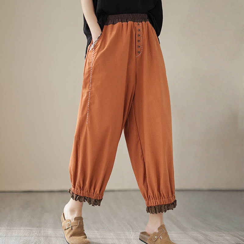 Pantaloni harem da donna in cotone e lino con elastico in vita, con tasche, modello patchwork, casual e primaverili, tinta unita, Buddha Stones