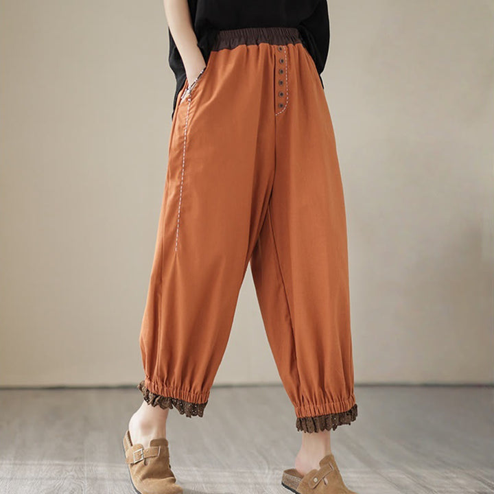 Pantaloni harem da donna in cotone e lino con elastico in vita, con tasche, modello patchwork, casual e primaverili, tinta unita, Buddha Stones