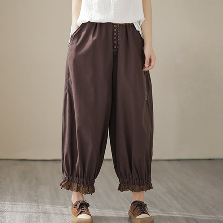 Pantaloni harem da donna in cotone e lino con elastico in vita, con tasche, modello patchwork, casual e primaverili, tinta unita, Buddha Stones