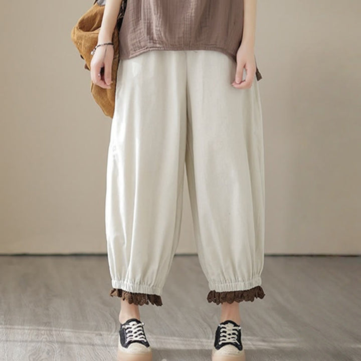 Pantaloni harem da donna in cotone e lino con elastico in vita, con tasche, modello patchwork, casual e primaverili, tinta unita, Buddha Stones