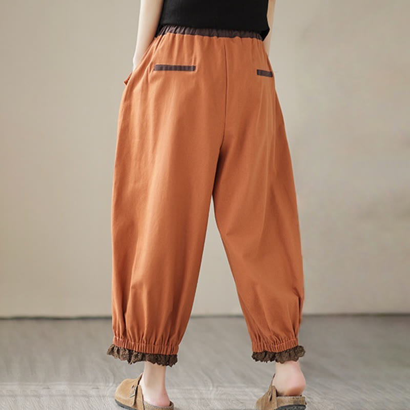Pantaloni harem da donna in cotone e lino con elastico in vita, con tasche, modello patchwork, casual e primaverili, tinta unita, Buddha Stones