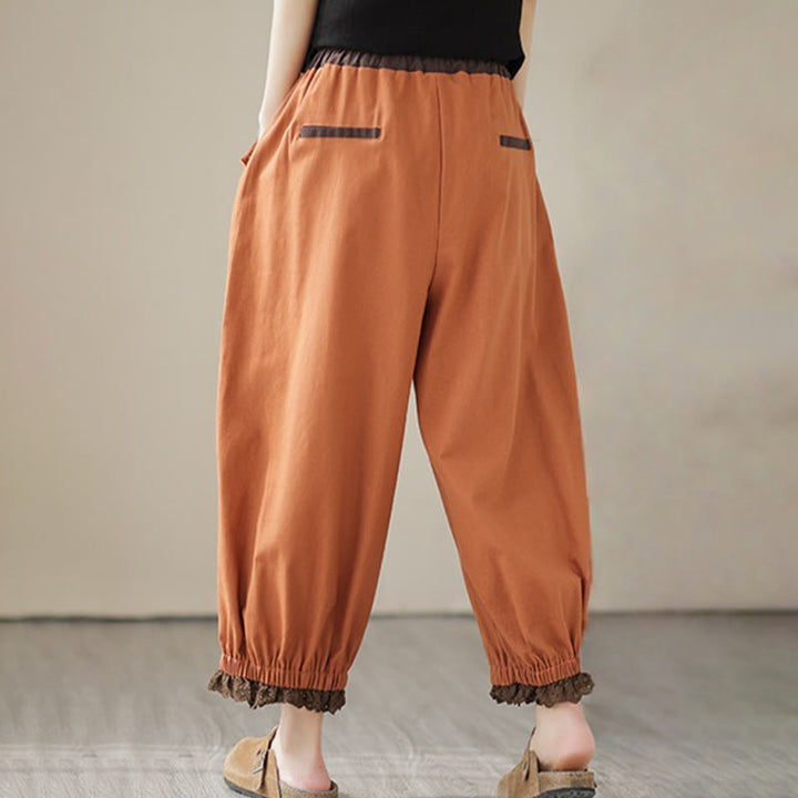 Pantaloni harem da donna in cotone e lino con elastico in vita, con tasche, modello patchwork, casual e primaverili, tinta unita, Buddha Stones