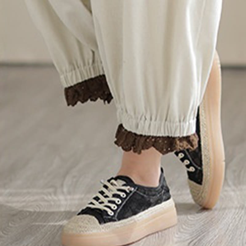 Pantaloni harem da donna in cotone e lino con elastico in vita, con tasche, modello patchwork, casual e primaverili, tinta unita, Buddha Stones