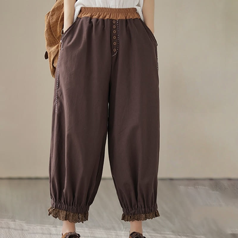 Pantaloni harem da donna in cotone e lino con elastico in vita, con tasche, modello patchwork, casual e primaverili, tinta unita, Buddha Stones